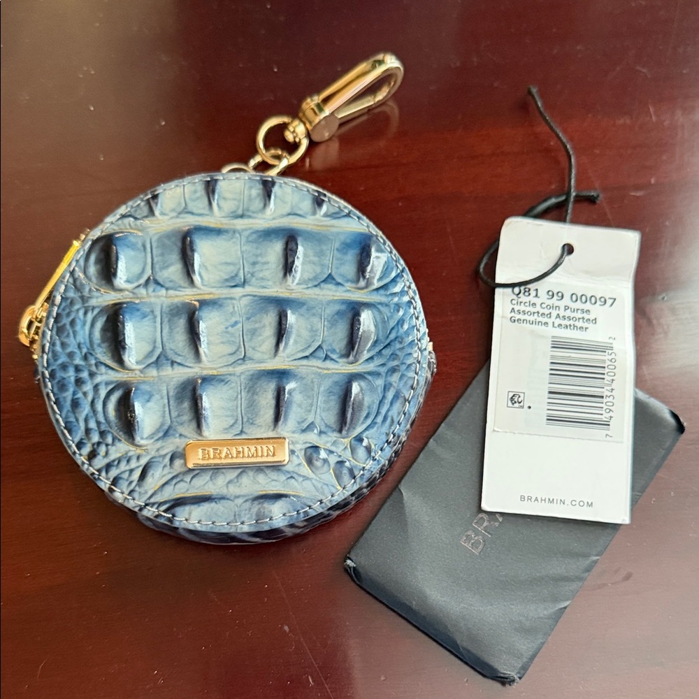 Brahmin Blue Croc Embossed Leather Circle Coin Purse